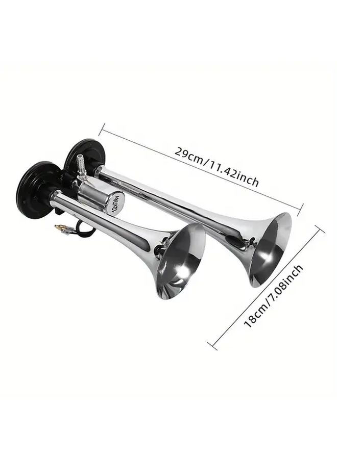 2nd Generation Silvery Double Tube 12V Air Horn With Solenoid Valve Super Loud For Trucks Motorcycles Trains Vans And Ships Eye Catching Sound Easy To Install Loud Vehicle Alarm - Image 2