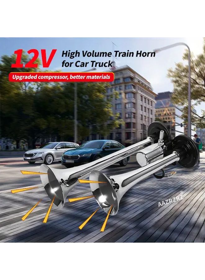 2nd Generation Silvery Double Tube 12V Air Horn With Solenoid Valve Super Loud For Trucks Motorcycles Trains Vans And Ships Eye Catching Sound Easy To Install Loud Vehicle Alarm - Image 3