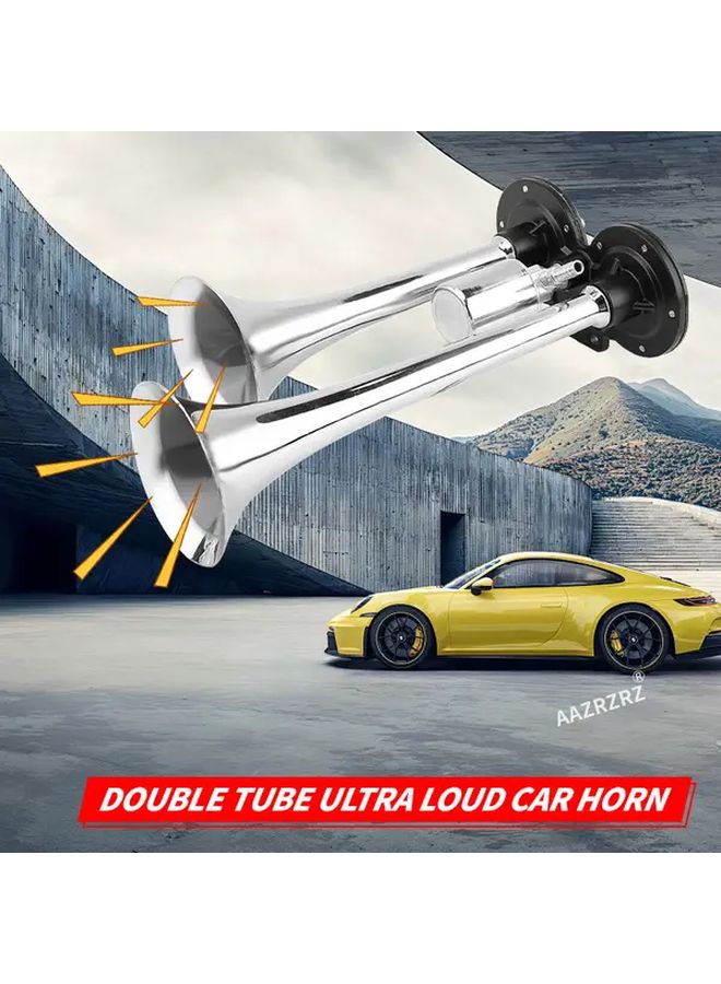 2nd Generation Silvery Double Tube 12V Air Horn With Solenoid Valve Super Loud For Trucks Motorcycles Trains Vans And Ships Eye Catching Sound Easy To Install Loud Vehicle Alarm - Image 1