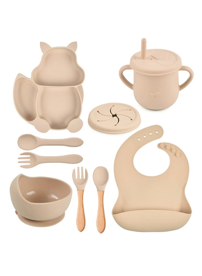 8 Pcs Baby Feeding Set, Food-grade Silicone Baby Tableware Set, Squirrel Baby Cutlery and Plates Set, Non-Slip Infant Dinnerware Set, Baby Self Feeding Utensils