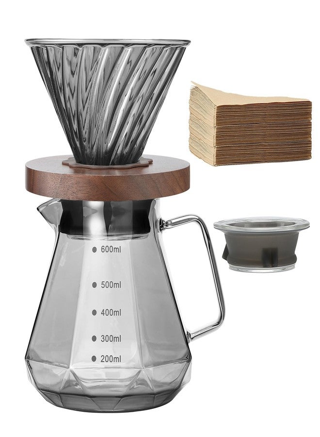 Lalord Pour Over Coffee Maker, 20 oz Borosilicate Glass Carafe with 100 pcs V60 Paper Filter, Walnut Handle & Glass Lid, Drip Coffee Maker for Home Café Restaurant Camping, 600 ml, Gray - Image 1