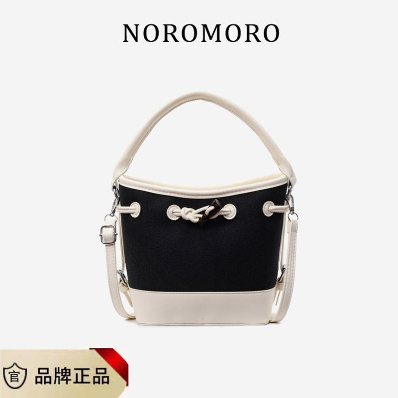 Women'S New Canvas Color-Blocking Tote Bucket Bag Street Fashion Textured Drawstring Shoulder Crossbody Bag - Image 1