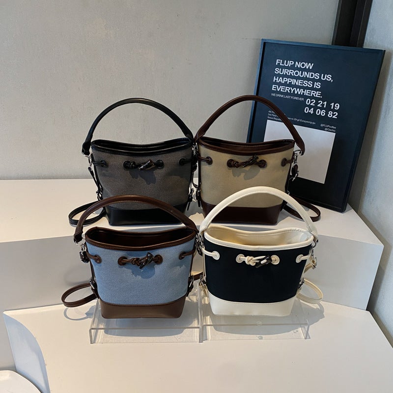 Women'S New Canvas Color-Blocking Tote Bucket Bag Street Fashion Textured Drawstring Shoulder Crossbody Bag - Image 5