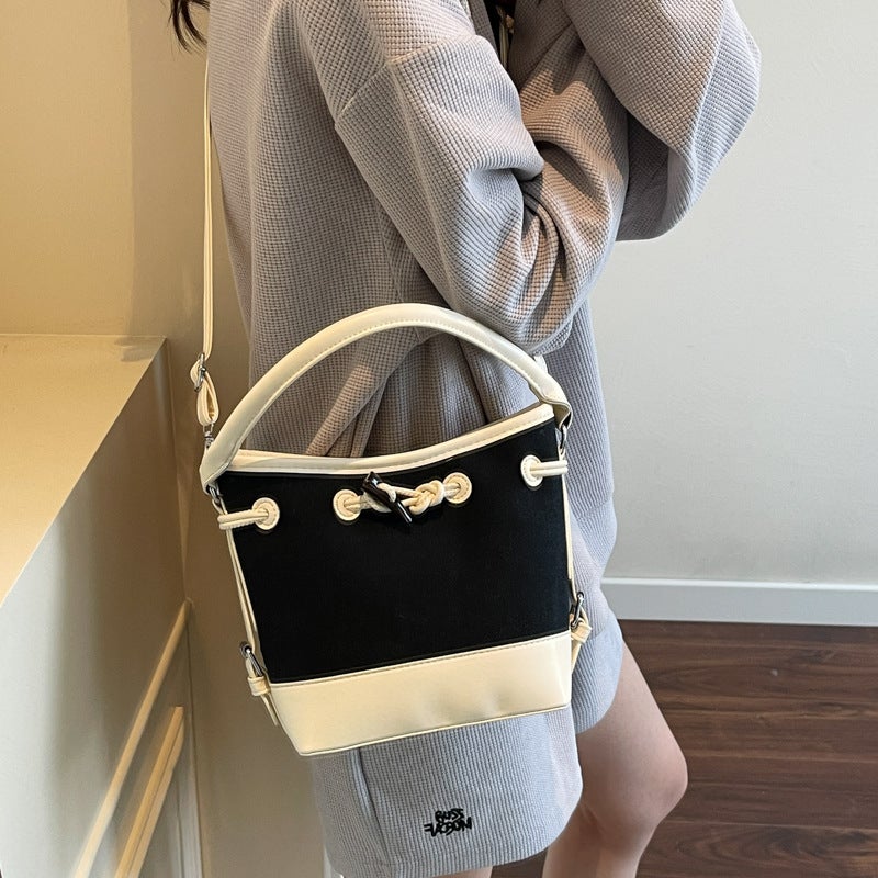 Women'S New Canvas Color-Blocking Tote Bucket Bag Street Fashion Textured Drawstring Shoulder Crossbody Bag - Image 2