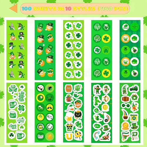 UDTAATO 100 Sheets St Patricks Day Shamrock Stickers1140pcs St Patricks Day Decorations Accessories for Kids Party Favors Labels Cards Envelopes - Image 3