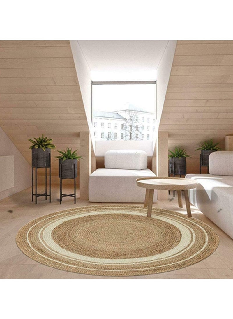 LINGWEI Jute Rug Carpet Floor Mat Round Shape with White Line Hand Woven Natural Jute Rug Hand Braided Doormat For Home Office  - Image 2