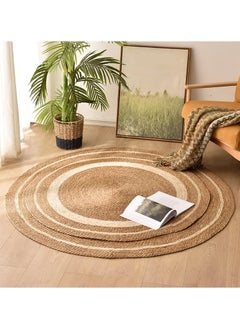 LINGWEI Jute Rug Carpet Floor Mat Round Shape with White Line Hand Woven Natural Jute Rug Hand Braided Doormat For Home Office  - Image 5