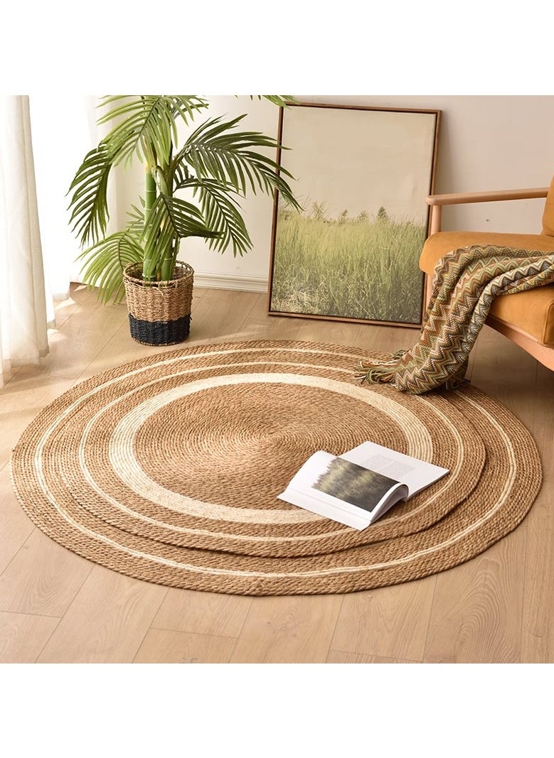 LINGWEI Jute Rug Carpet Floor Mat Round Shape with White Line Hand Woven Natural Jute Rug Hand Braided Doormat For Home Office  - Image 5