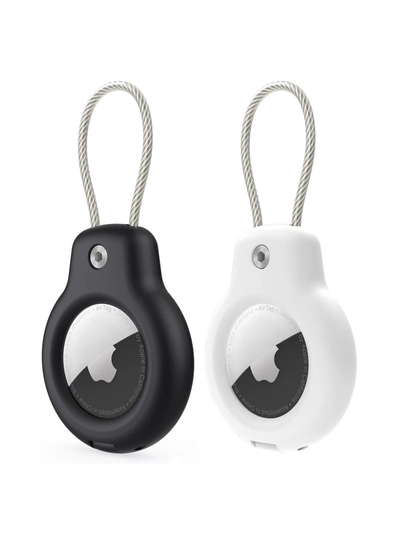 KASTWAVE Apple AirTag Case, Lock Case Keychain with Wire Cable, Air Tag Tracker Holder Cover, for Wallet, Keys, Pets Collar, Luggage, Backpacks, 2 Pcs (Black & White) - Image 1