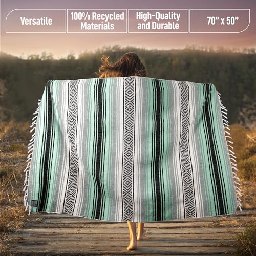 Hydration Nation Authentic Extra Large Mexican Blanket - Handwoven Yoga, Serape, Artisanal Falsa, Beach, Camping, Picnic, Outdoor Blanket (King Turquoise) - Image 3