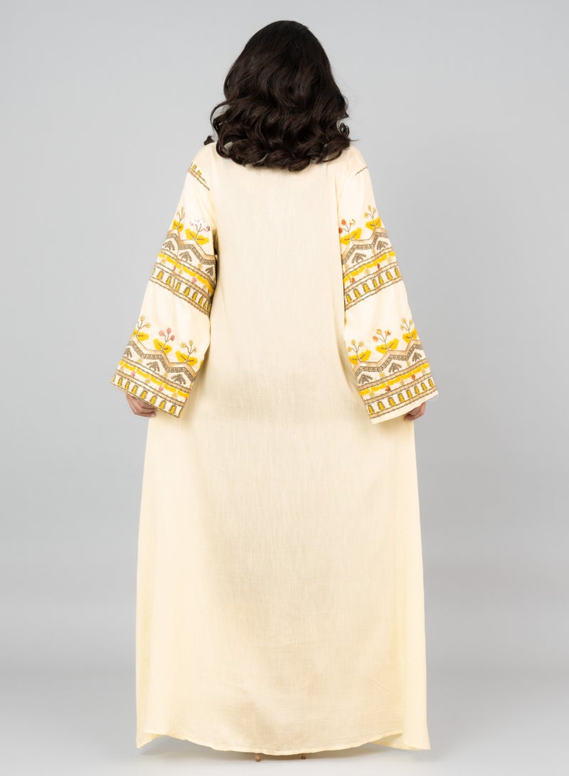 اكسا جلابية مطرزة سادة بجيوب  بيج - Image 4