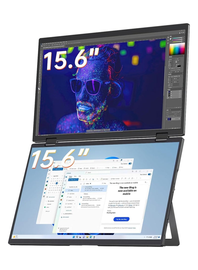هاي لوك شاشة محمولة مكدسة مقاس 15.6 بوصة، شاشة سفر قابلة للطي المزدوج، بكسل، 120% sRGB ΔE<2، USB-C HDMI، موسع شاشة الكمبيوتر المحمول الثلاثي، حامل مدمج، قابل للتركيب بمعيار VESA لأجهزة الكمبيوتر المحمولة وأجهزة الكمبيوتر الشخصية وأجهزة Mac وWindows - Image 1
