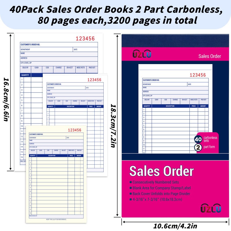 UZLU 40 Pack Sales Order Book Bulk, 2-Part Carbonless Receipt Form Invoice, White/Yellow, 4-3/16 x7-3/16 Inches,General Purpose Sales Book for Small Businesses and Service Providers, 40 Sets per Book - Image 2