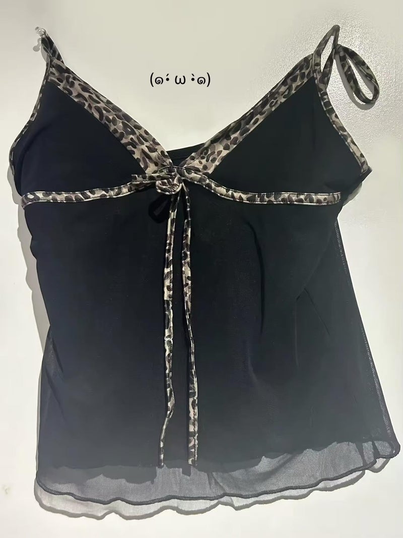 MANGMAO توب إيمو كوكيت قصير أسلوب غرانج 2000s بأشرطة سباغيتي ملابس الشارع عتيق كاميسول Y2k توب نمط الفهد (فهد أسود، S، صغير) - Image 4