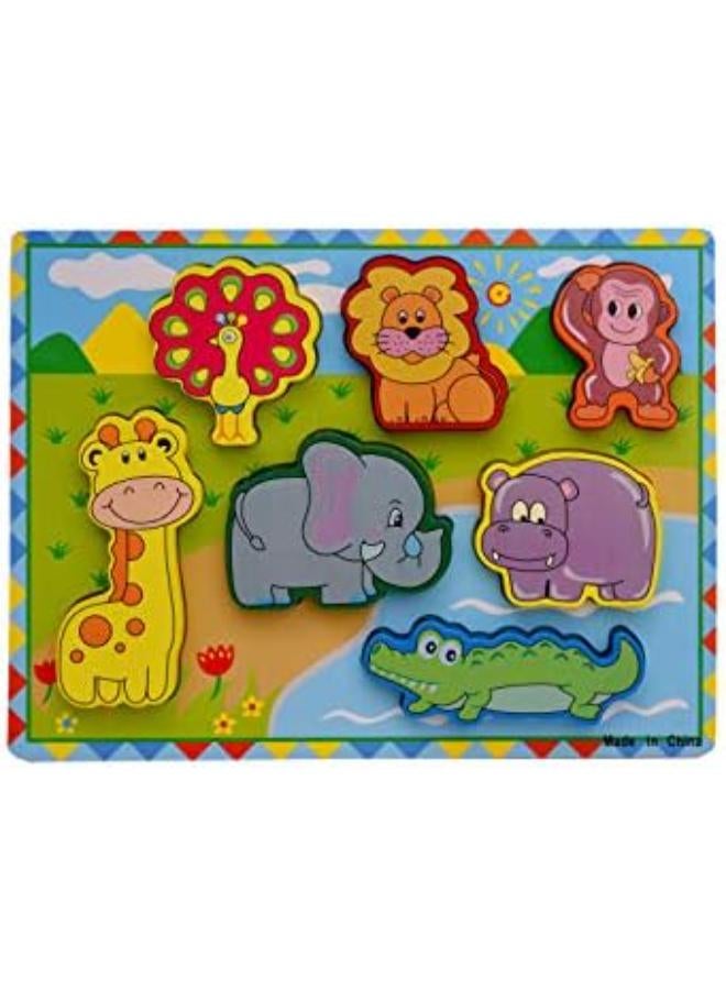 Vibgyor Vibes Cartoon Animals Theme Self Corrective Chunky Wooden Puzzles (Multicolor) 