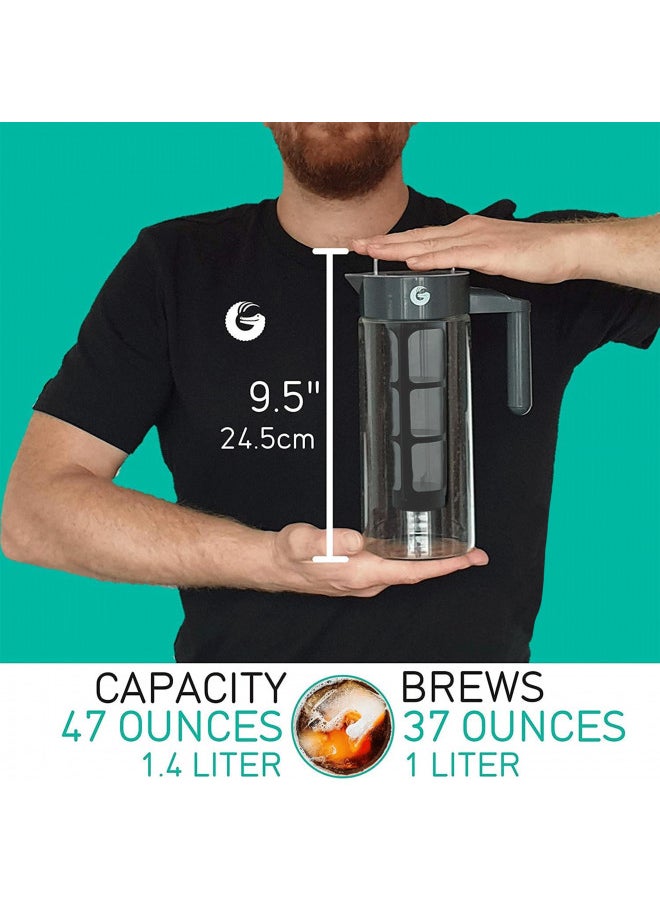 Coffee Gator - Coffee Gator Cold Brew Coffee Maker - 47 oz Iced Tea and Iced Coffee Maker and Pitcher w/Glass Carafe, Filter, Funnel & Measuring Scoop - Black - Image 1