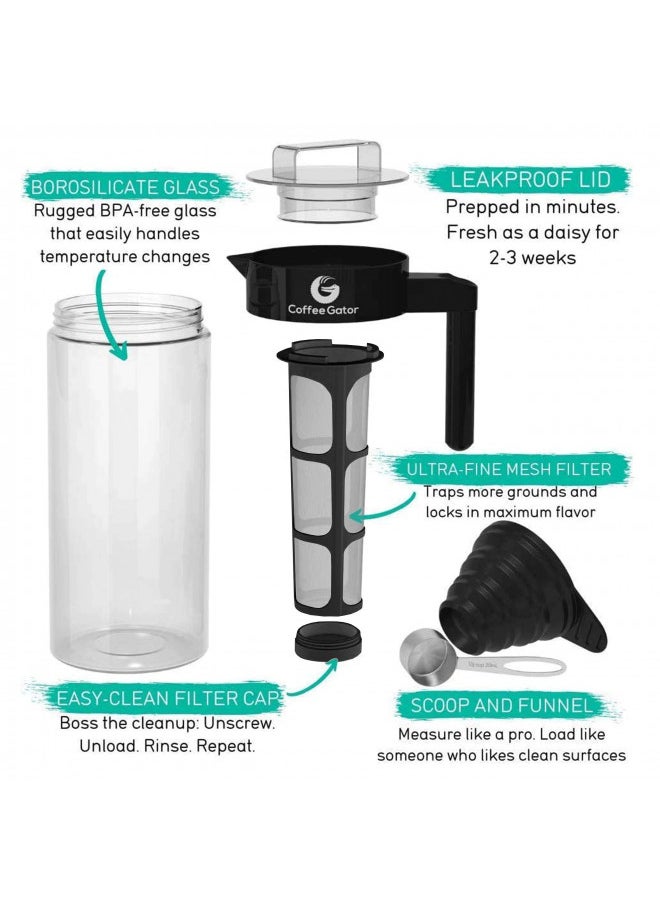 Coffee Gator - Coffee Gator Cold Brew Coffee Maker - 47 oz Iced Tea and Iced Coffee Maker and Pitcher w/Glass Carafe, Filter, Funnel & Measuring Scoop - Black - Image 1