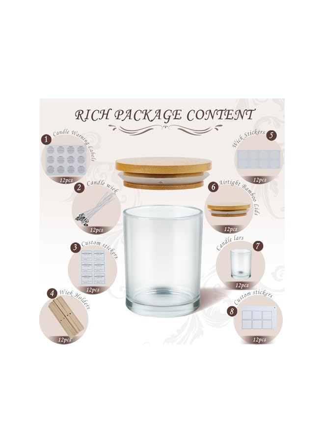 The Bros 12 Pack 8oz Clear Glass Candle Jars with Bamboo Lids – Complete DIY Candle Making Kit with Wicks, Wick Stickers, Wick Holders & 2 Sets of Labels (Custom & Blank) for Candle Crafting - Image 3