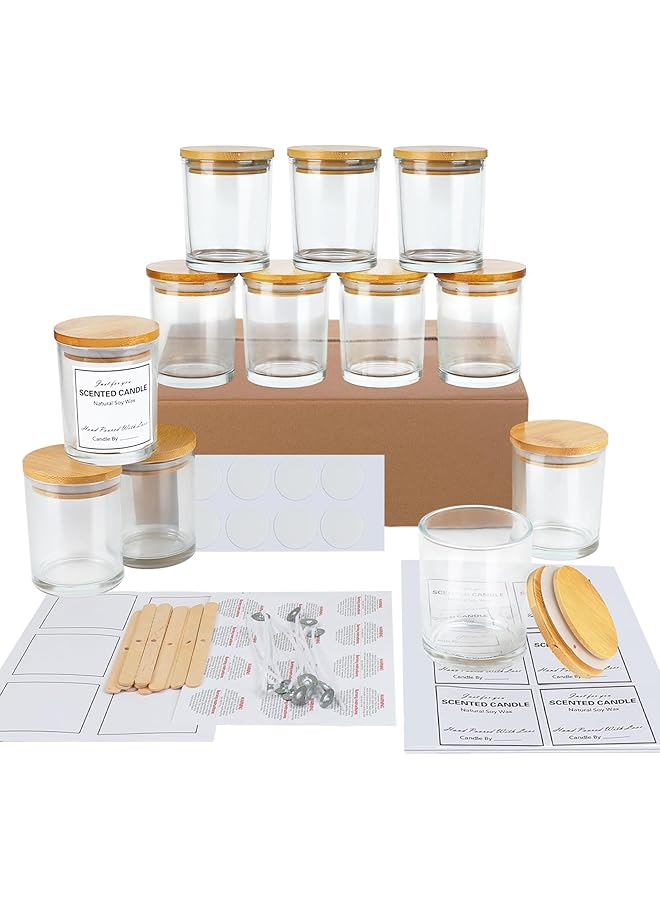 The Bros 12 Pack 8oz Clear Glass Candle Jars with Bamboo Lids – Complete DIY Candle Making Kit with Wicks, Wick Stickers, Wick Holders & 2 Sets of Labels (Custom & Blank) for Candle Crafting - Image 1