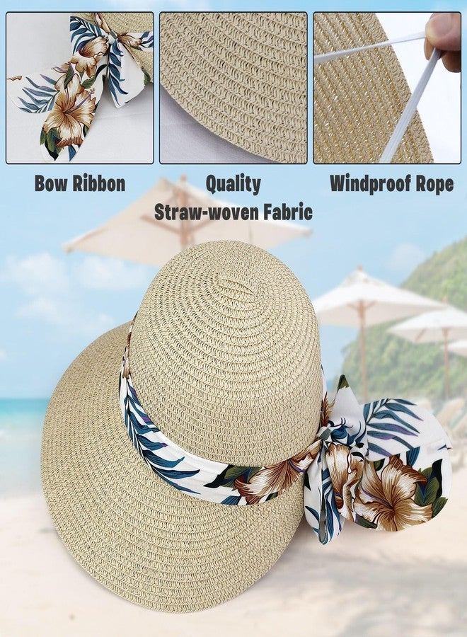 Feelorna Sun Hats for Women, Wide Brim Straw Hat with Wind Lanyard, Foldable Summer Beach Hat with Ribbon for Outdoor Travel (US, Alpha, One Size, Beige) - Image 3