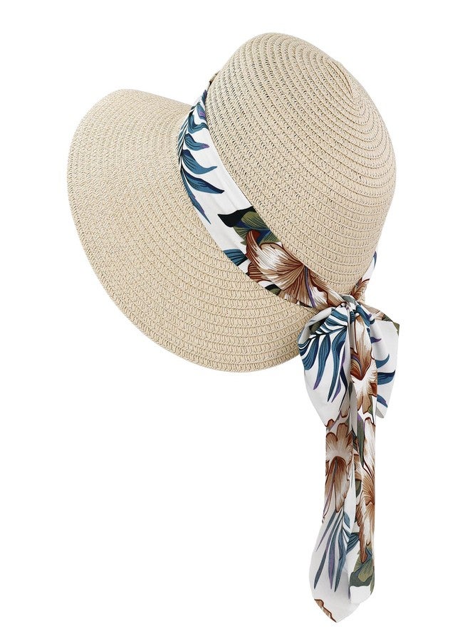 Feelorna Sun Hats for Women, Wide Brim Straw Hat with Wind Lanyard, Foldable Summer Beach Hat with Ribbon for Outdoor Travel (US, Alpha, One Size, Beige) - Image 1