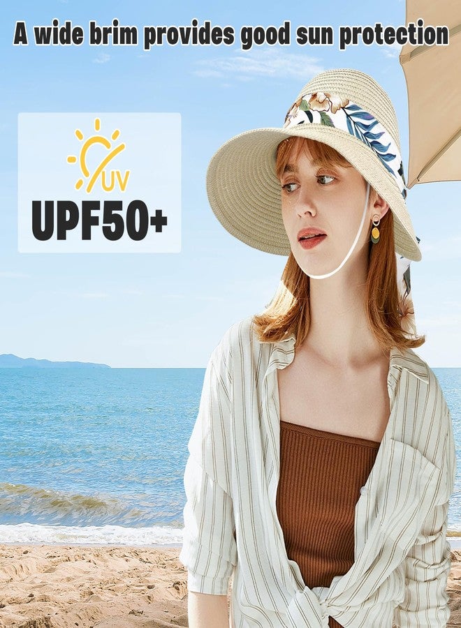 Feelorna Sun Hats for Women, Wide Brim Straw Hat with Wind Lanyard, Foldable Summer Beach Hat with Ribbon for Outdoor Travel (US, Alpha, One Size, Beige) - Image 4