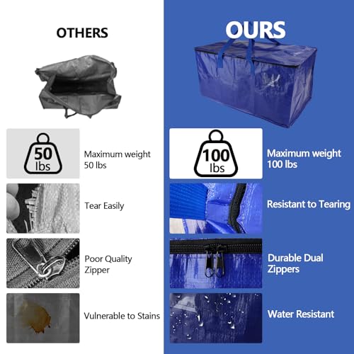 Demiwise 6 Pack Waterproof Moving Bags with Strong Zippers and Reinforced Handles Real 100lb Capacity Extra Heavy Duty Large Storage Totes for Packing Moving Storing Alternative to Moving Boxes 95LBlue - Image 3