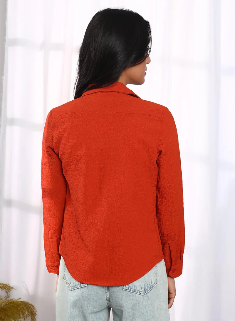 PINACOLADA Women's Vermillion Orange Textured Regular Fit Shirt