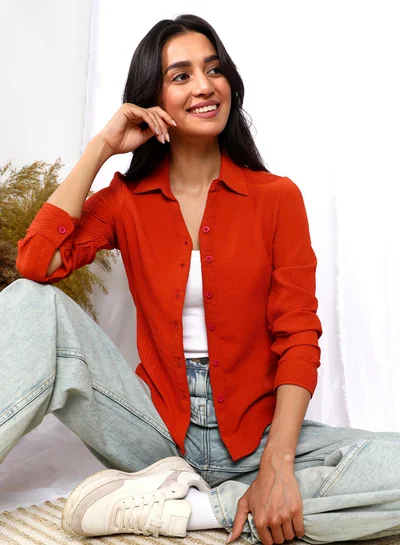 PINACOLADA Women's Vermillion Orange Textured Regular Fit Shirt