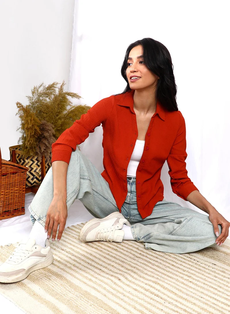 PINACOLADA Women's Vermillion Orange Textured Regular Fit Shirt