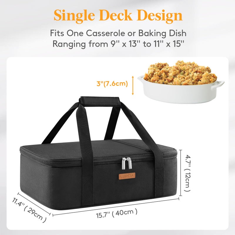 LUNCIA Insulated Single Decker Casserole Carrier, Lasagna Lugger Tote Keeps Food Hot or Cold, Thermal Lunch Bag for Potluck Parties, Picnic and Cookouts, Fits 9" x 13" Baking Dish, Black - Image 2