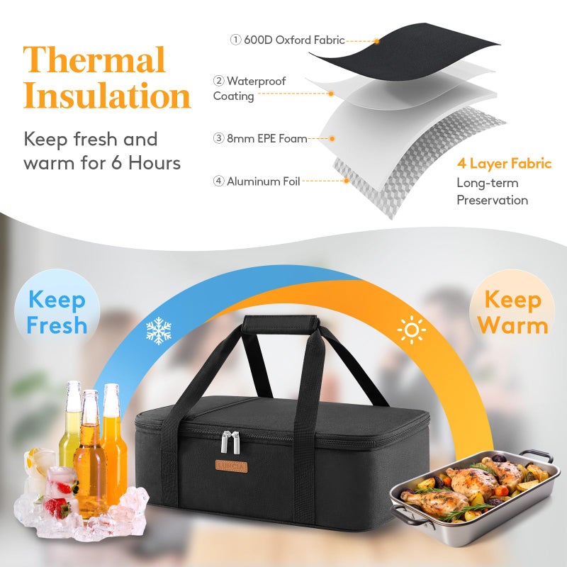 LUNCIA Insulated Single Decker Casserole Carrier, Lasagna Lugger Tote Keeps Food Hot or Cold, Thermal Lunch Bag for Potluck Parties, Picnic and Cookouts, Fits 9" x 13" Baking Dish, Black - Image 3