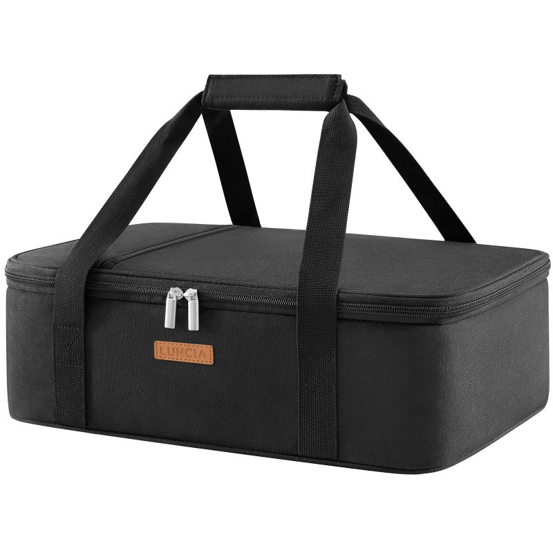 LUNCIA Insulated Single Decker Casserole Carrier, Lasagna Lugger Tote Keeps Food Hot or Cold, Thermal Lunch Bag for Potluck Parties, Picnic and Cookouts, Fits 9" x 13" Baking Dish, Black - Image 1