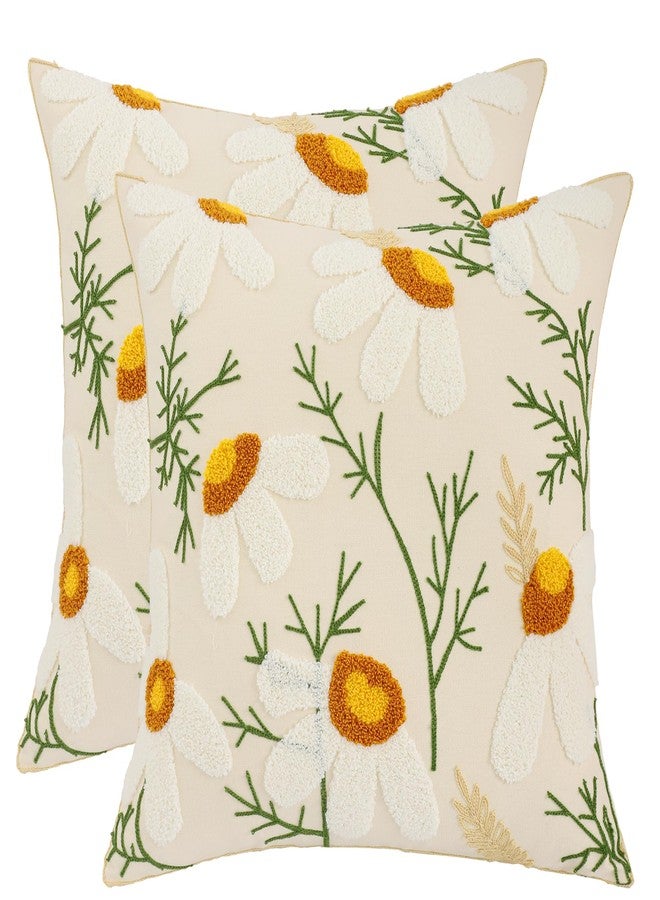 LUOYEHK Embroidered Throw Pillow Covers 18x18 Inch Pack of 2 White Daisy Decorative Pillow Cases Spring Farmhouse Floral Tufted Cushion Covers for Couch Sofa Bed Living Room - Image 1