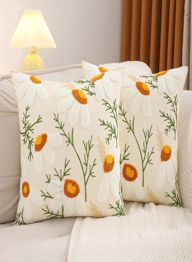 LUOYEHK Embroidered Throw Pillow Covers 18x18 Inch Pack of 2 White Daisy Decorative Pillow Cases Spring Farmhouse Floral Tufted Cushion Covers for Couch Sofa Bed Living Room - Image 2