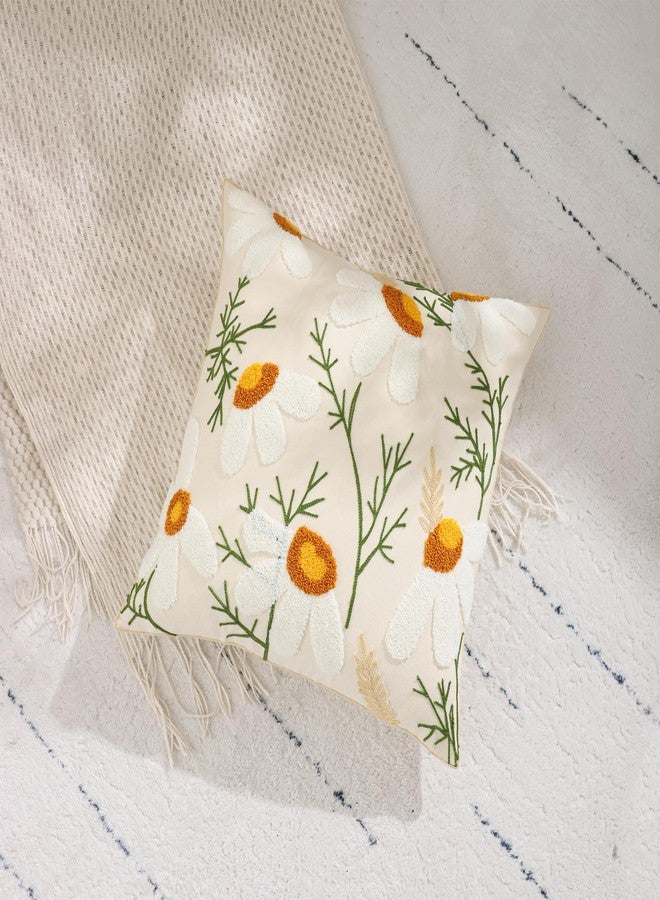LUOYEHK Embroidered Throw Pillow Covers 18x18 Inch Pack of 2 White Daisy Decorative Pillow Cases Spring Farmhouse Floral Tufted Cushion Covers for Couch Sofa Bed Living Room - Image 4