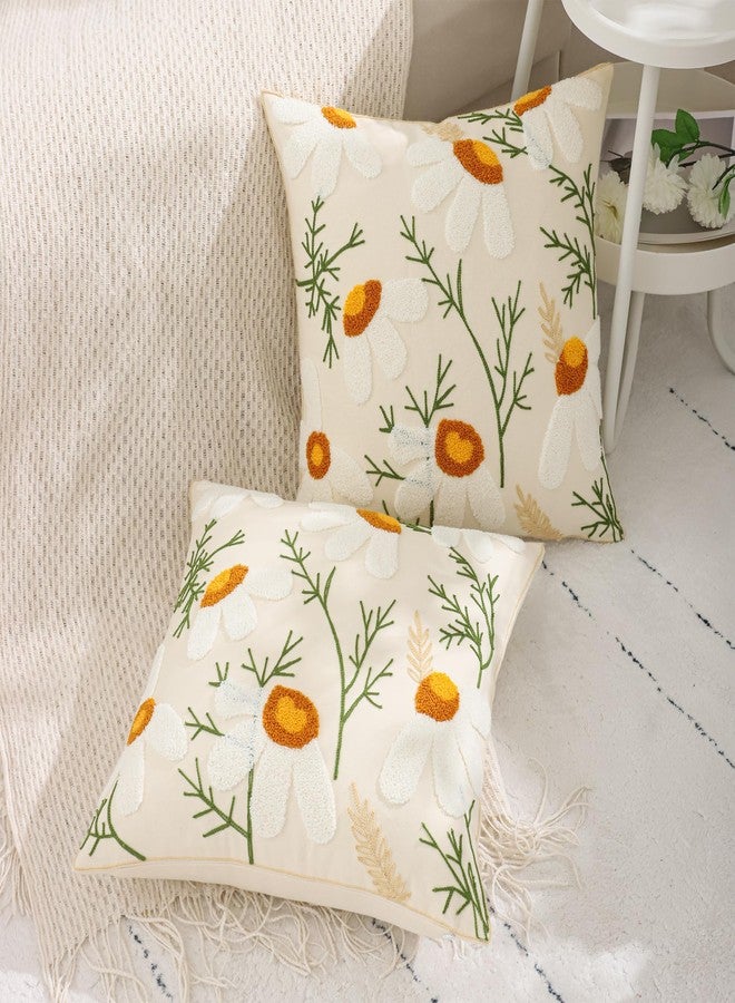 LUOYEHK Embroidered Throw Pillow Covers 18x18 Inch Pack of 2 White Daisy Decorative Pillow Cases Spring Farmhouse Floral Tufted Cushion Covers for Couch Sofa Bed Living Room - Image 3