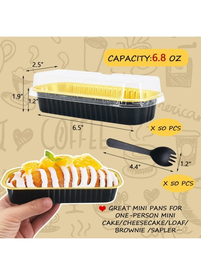 ورق الألومنيوم صغيرة الخبز وعاء مع الأغطية 50 حزمة، 6.8oz مستطيل الخبز أكواب المافين علب، يمكن التخلص الخبز علب صغيرة الخبز حاملين -أسود في الذهب - Image 3