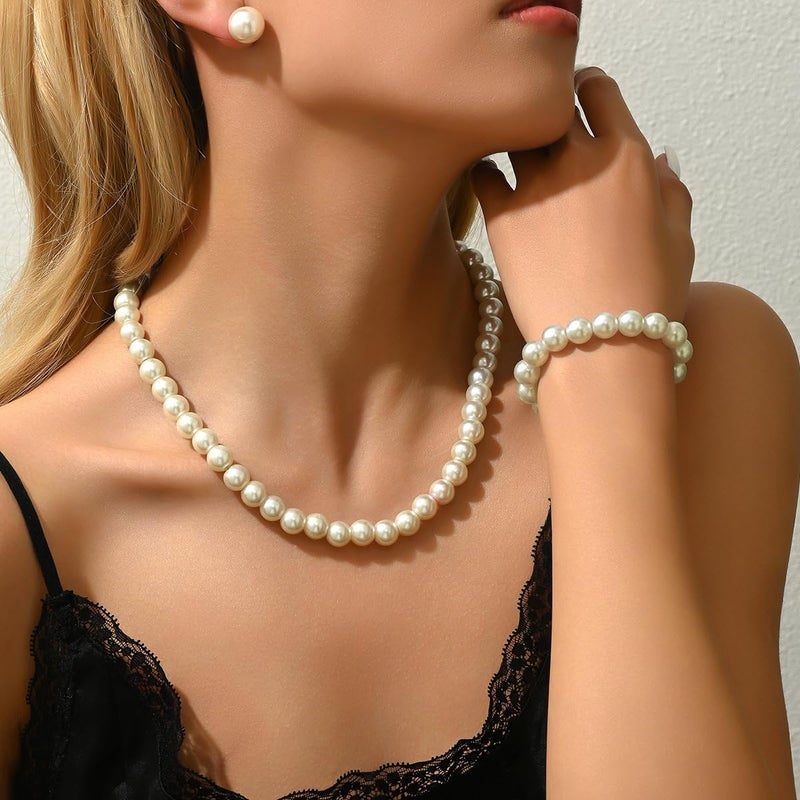 CSIYANJRY99 Pearl Necklace & Earring Set - Faux Pearl Prom Jewelry: Imitation Beaded Pearl Bracelet & Stud Earrings (WhitePearl) - Image 3