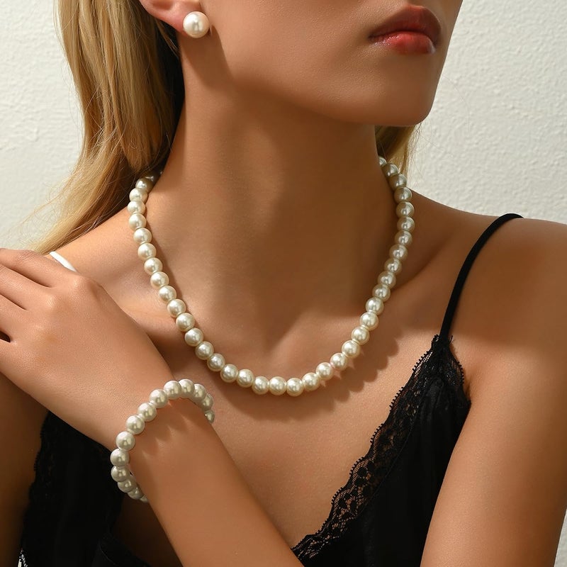 CSIYANJRY99 Pearl Necklace & Earring Set - Faux Pearl Prom Jewelry: Imitation Beaded Pearl Bracelet & Stud Earrings (WhitePearl) - Image 4