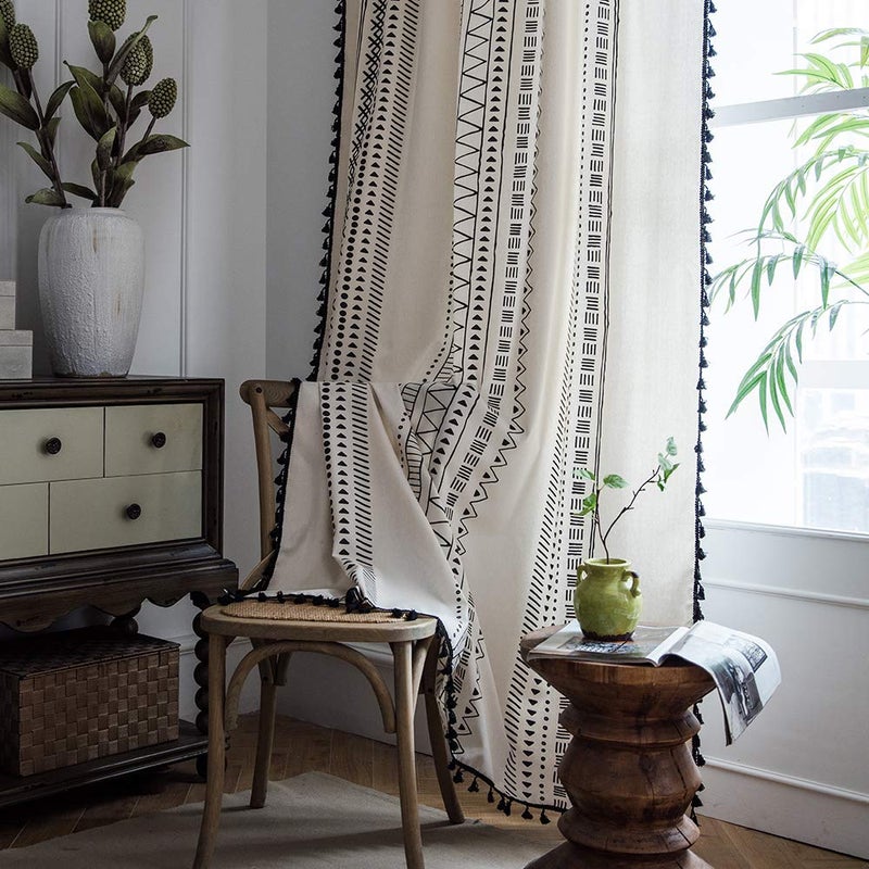 ColorBird Geometric SemiBlackout Curtains 2 Panels Bohemian Style Cotton Linen Curtain Panel with Pom Pom Rod Pocket Window Treatments for Dining Living Room Bedroom 52 W x 95 L Cream