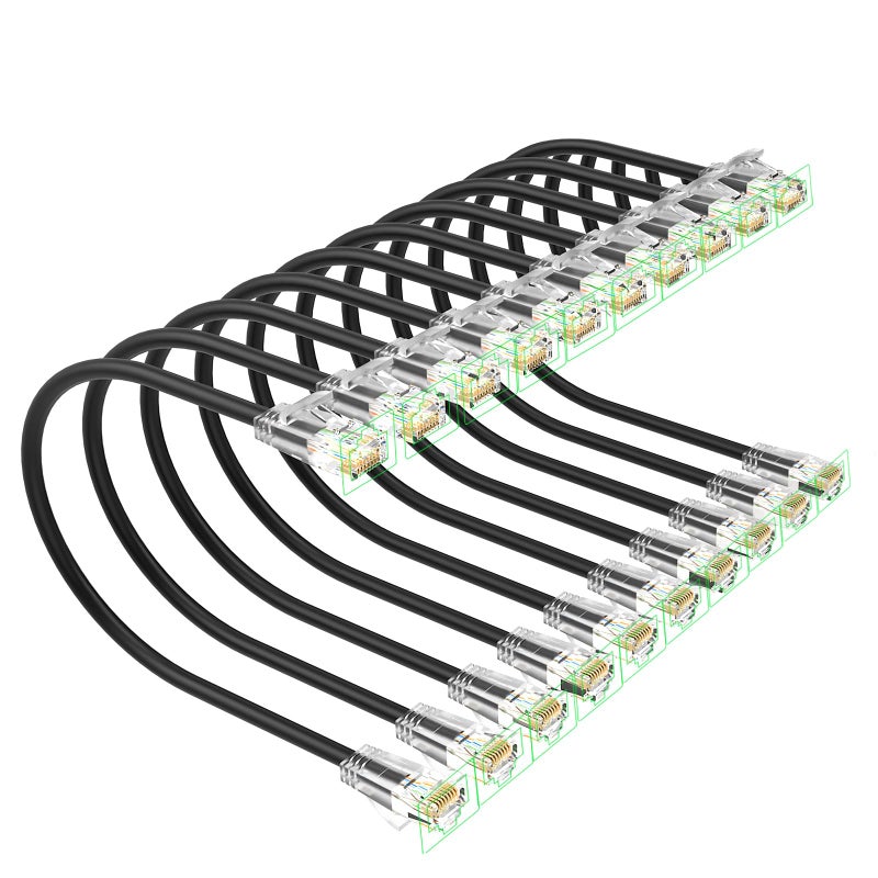 Xcftaud كابلات باتش Cat 6 من Xcftaud بطول 10 أقدام (10 عبوات)، كابل إيثرنت Cat6a رفيع بسرعة 10Gbps وتردد 550Mhz، كابلات باتش نحاسية نقية Cat6، كابل باتش Cat6a رفيع ومرن لإعداد أجهزة الشبكة، أسود - Image 1