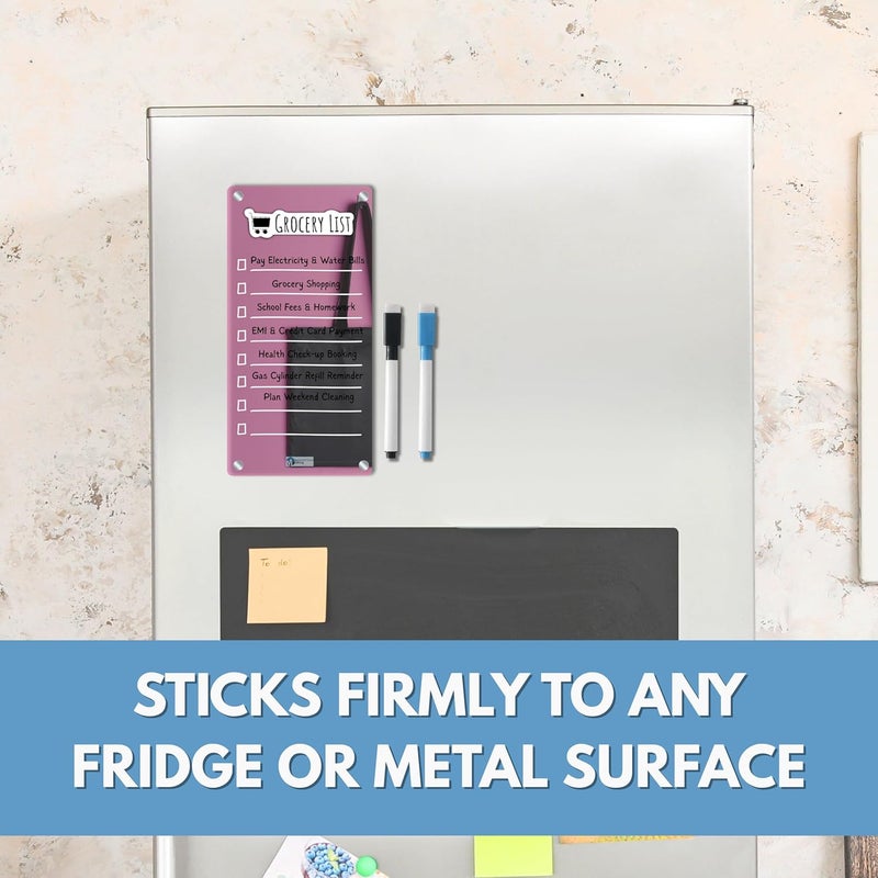 AVATAAR STUDIO Magnetic Acrylic Board for Fridge – 22x11 cm, 3mm Thick, Reusable Dry Erase Board with 2 Non-Toxic Pens – Grocery List, Planner, Kitchen Organizer (Pink Tote “Grocery List”) - Image 3