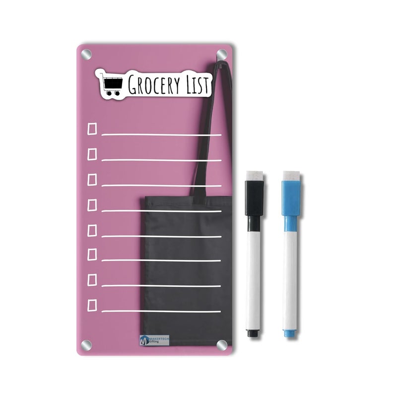 AVATAAR STUDIO Magnetic Acrylic Board for Fridge – 22x11 cm, 3mm Thick, Reusable Dry Erase Board with 2 Non-Toxic Pens – Grocery List, Planner, Kitchen Organizer (Pink Tote “Grocery List”) - Image 1