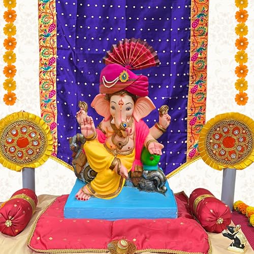 PUNYATVA Ganesh Feta Mukut (Turban, Silk, Pink) / Adjustable Ganesh Pheta, Gauri Ganpati Festival Decoration Accessories, Jewellery, Crown, Makhar, Traditional Pagdi, God Idol Headgear - Image 3