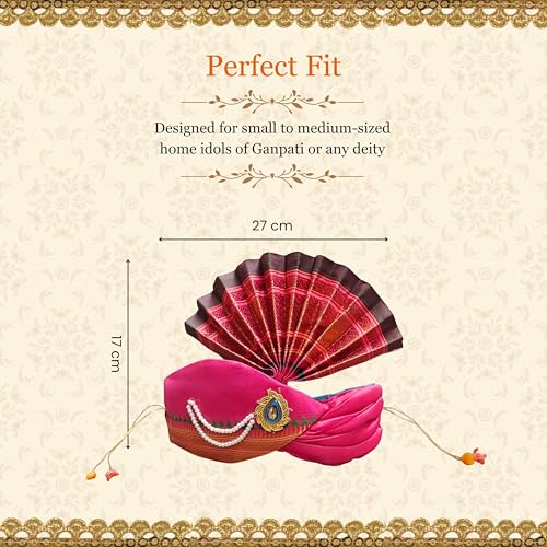 PUNYATVA Ganesh Feta Mukut (Turban, Silk, Pink) / Adjustable Ganesh Pheta, Gauri Ganpati Festival Decoration Accessories, Jewellery, Crown, Makhar, Traditional Pagdi, God Idol Headgear - Image 4
