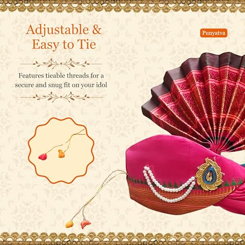 PUNYATVA Ganesh Feta Mukut (Turban, Silk, Pink) / Adjustable Ganesh Pheta, Gauri Ganpati Festival Decoration Accessories, Jewellery, Crown, Makhar, Traditional Pagdi, God Idol Headgear - Image 5