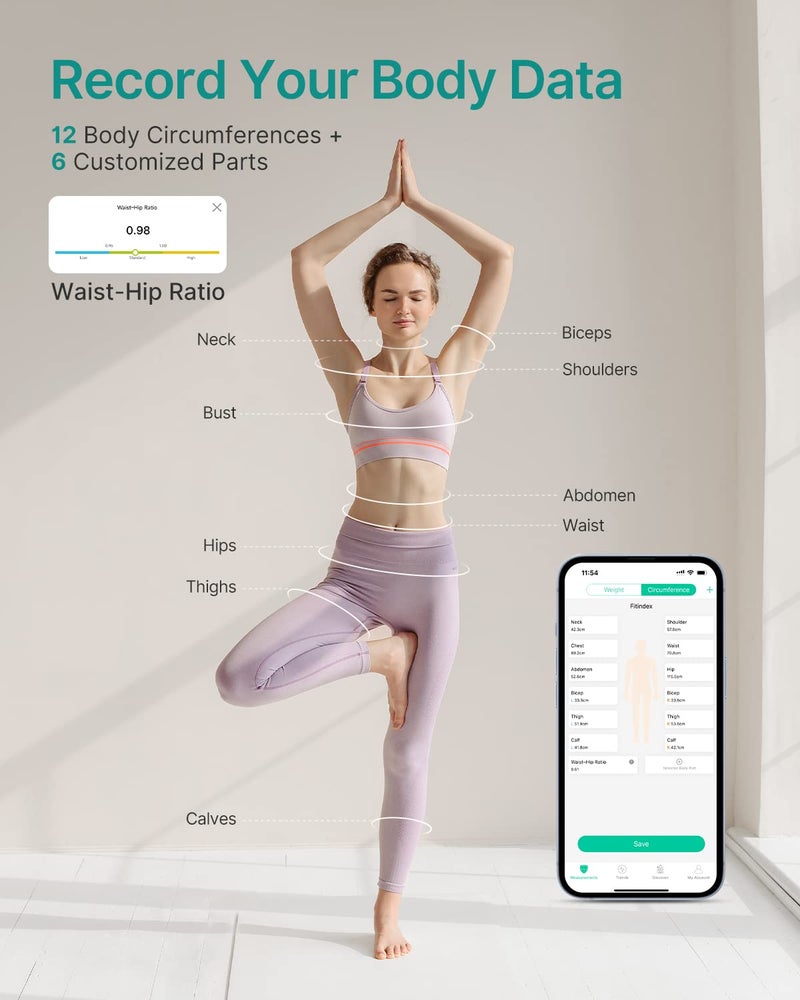 فيتينديكس **FITINDEX Smart Scale مع مسطرة قياس، ميزان ديجيتال للحمام، وأداة تحليل تركيبة الجسم** يجمع هذا المنتج بين وظائف الميزان الرقمي وأداة قياس التركيبة الجسم، مع إمكانية التواصل مع تطبيقات اللياقة البدنية لمراقبة الحالة الصحية. - Image 4