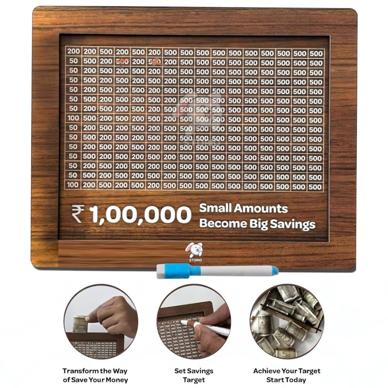 Storio Wooden Money Bank with 100000 Savings, Money Box, Coin with Carved Design for Kids/Children, Challenge, Cashbox,Cash Vault, Coin Piggy Bank - Image 3