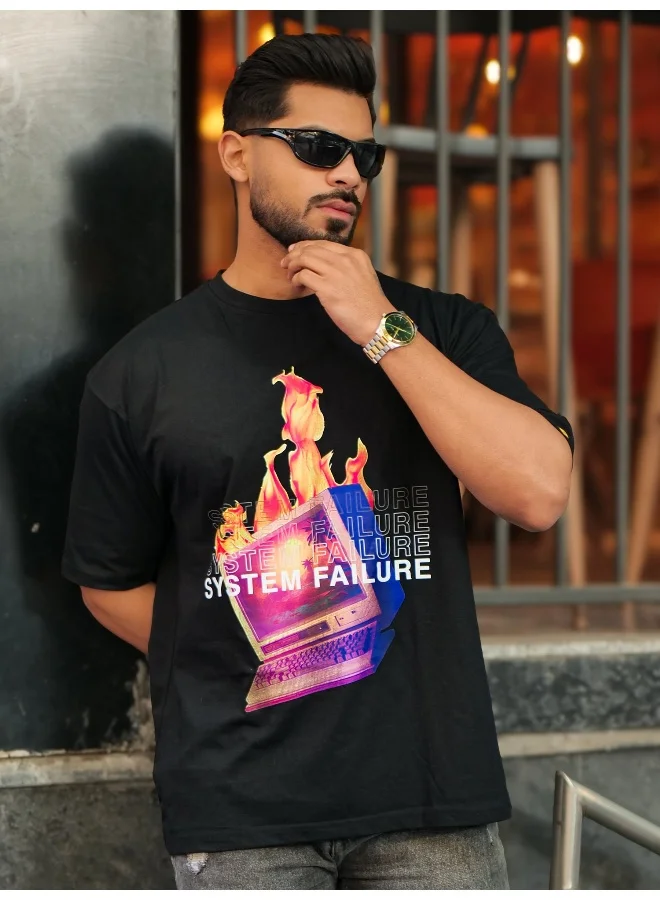 مانياك تيشيرت رجالي قطن أسود وأبيض بطبعة ورقبة دائرية وأكمام قصيرة